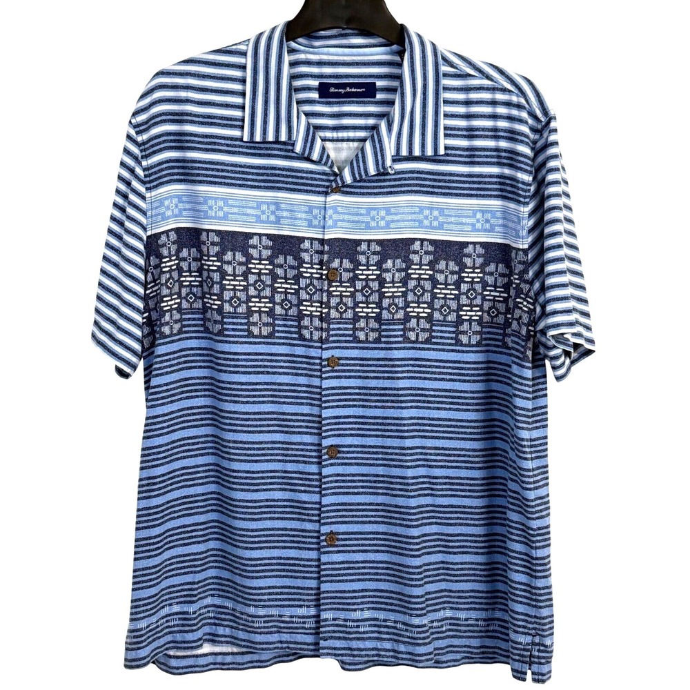 Tommy Bahama 100% Silk Button up XXL Geometric Mixed Print Coastal Resort